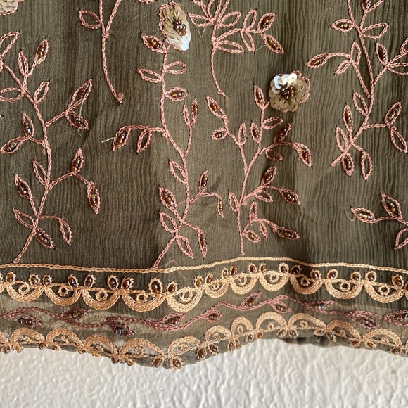 Vintage Y2K Express olive green beaded silk mini skirt Size S - Picture 3 of 15